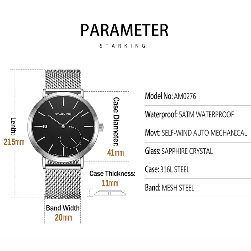 STARKING Design orologio meccanico da uomo nuovo In orologi automatici semplice orologio da polso In acciaio inossidabile 316L di marca superiore