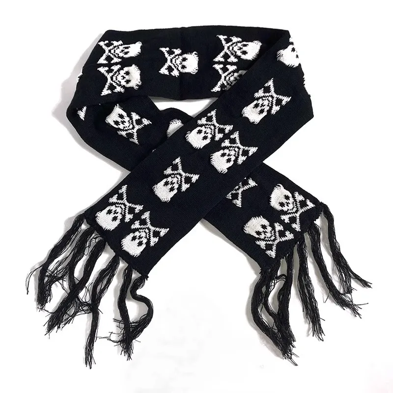 Punk Dark Style Y2k Girls Subculture Harajuku Thick Warm Knit Scarf Skull Wrap for Women Men Goth Black White Vintage Scarves