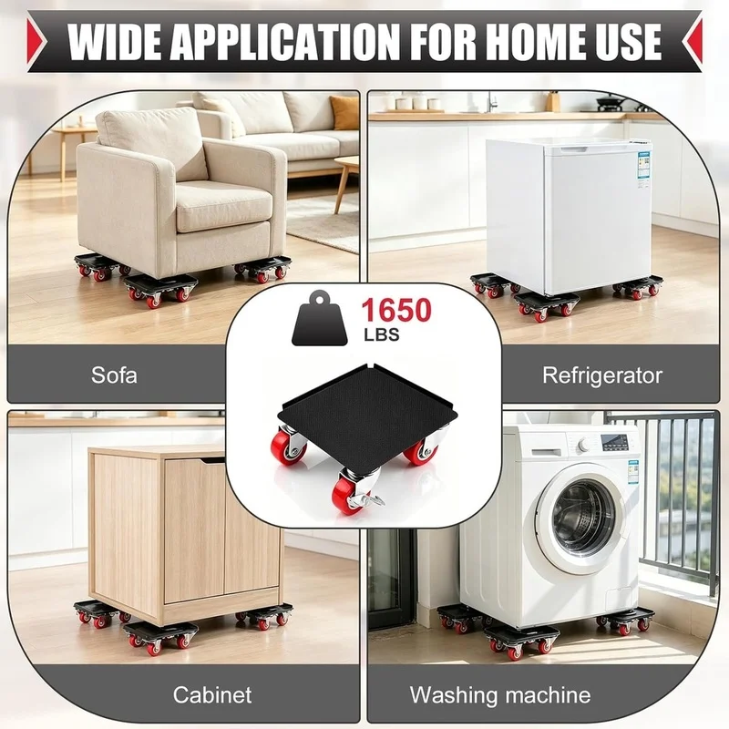 DTA4 Premium 5-Wheel Furniture Mover Dolly Set Silent Rubber Casters 1650 LBS Max Load for Moving Heavy Furniture