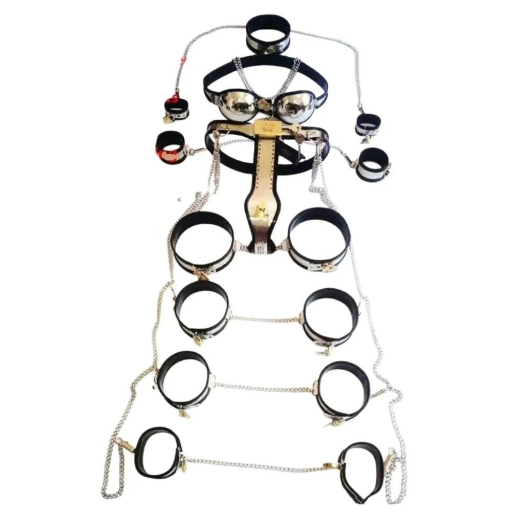 9pcs Sets Unisex Stainless Steel Chastity Belt Anal Plug Collar, Bra Arm Wrist Cuffs Thigh Knee Ankle Ring Bondage Male Sex Toy