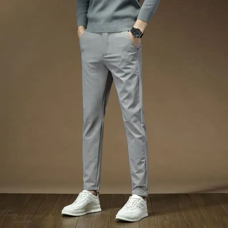 Fashion Men Business Casual Black Gray Checkered Suit Pants Male Slim Fit Straight Blazer Pants Ankle Length Cropped Trousers