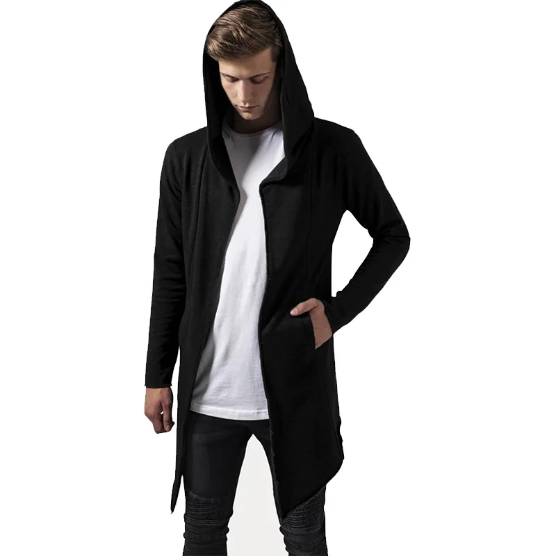 New Men Hooded Cardigan Cloak Coats Solid Color Turtleneck Zipper Streetwear Ponchos Fashion Casual Men Long Trench Streetwear