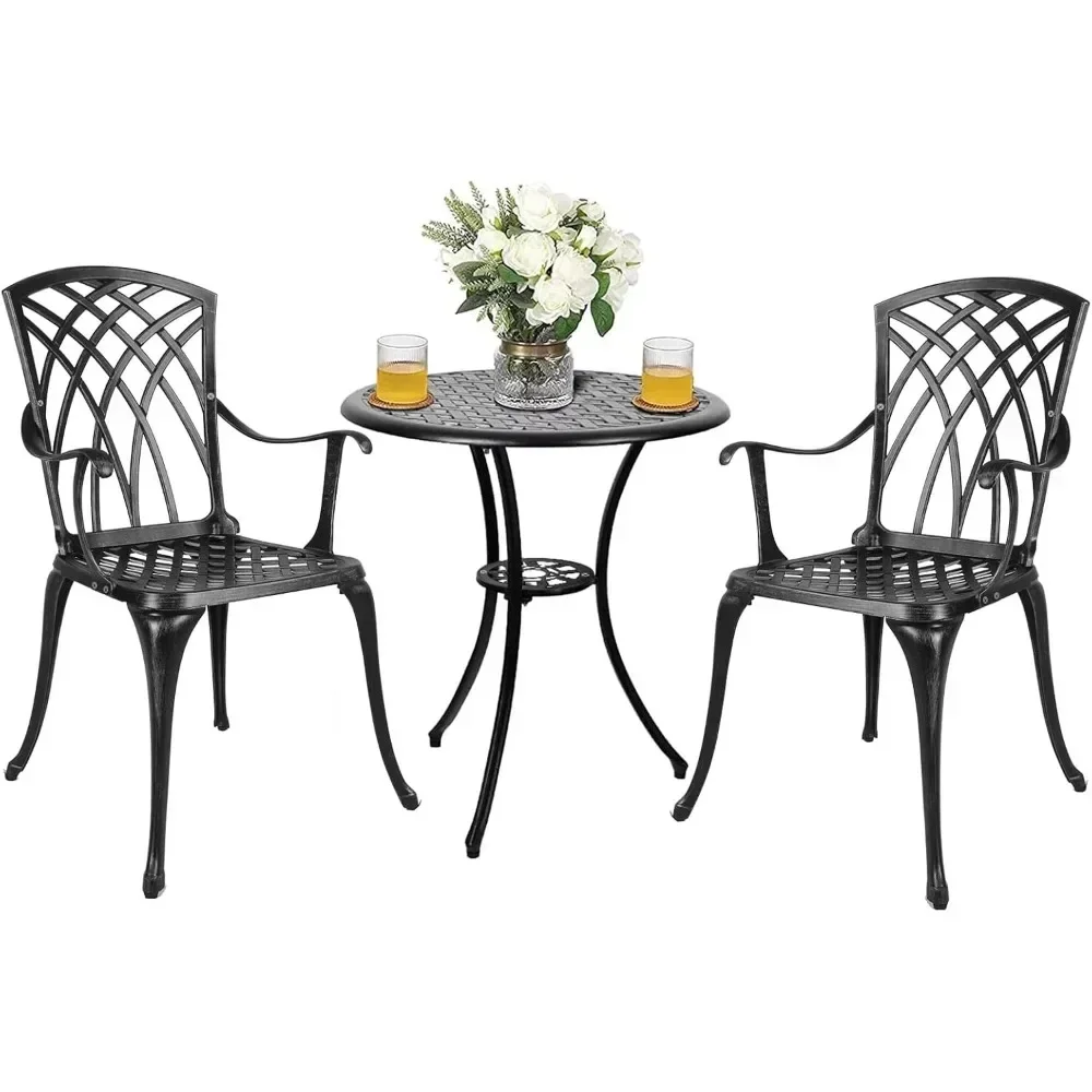 

Patio Bistro Set Cast Aluminum Bistro Table Set Outdoor Round Dining Table with Umbrella Hole for Porch, Lawn, Garden, Backyard