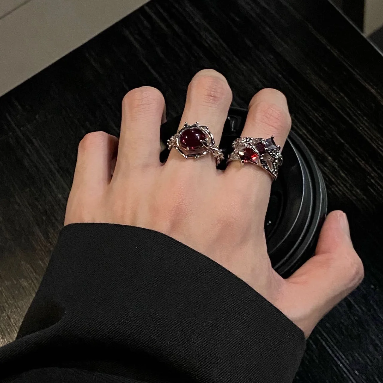 PANJBJ 925 فضة خاتم كريستال أحمر للنساء الجوف خارج السائل الحمم الشوك الاتجاه تنوعا مجوهرات هدية دروبشيبينغ #4