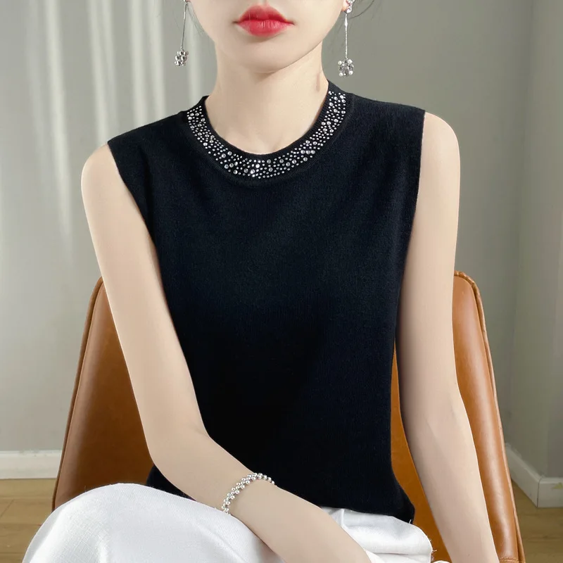 Fahion Women Tank Top 2026 Spring Summer Beading O-neck Sleeveless Tank Tops Innerwear Korean Bottoming Knitted Womens Tank Tops