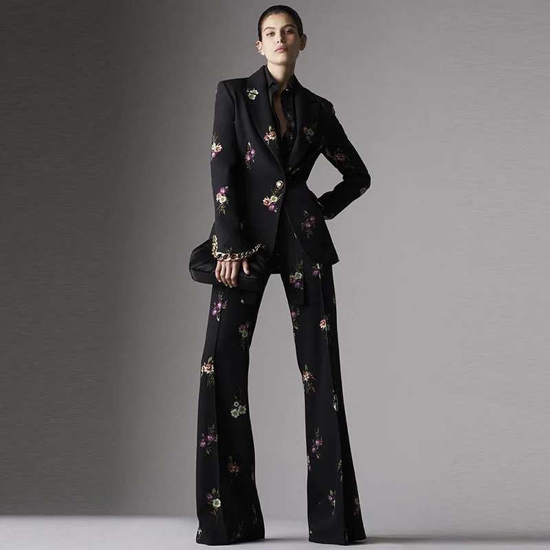 Black Women's Suit Wedding Dinner Celebrity Fashion Elegant Print Embroidered Bell Pants Set Two Pieces