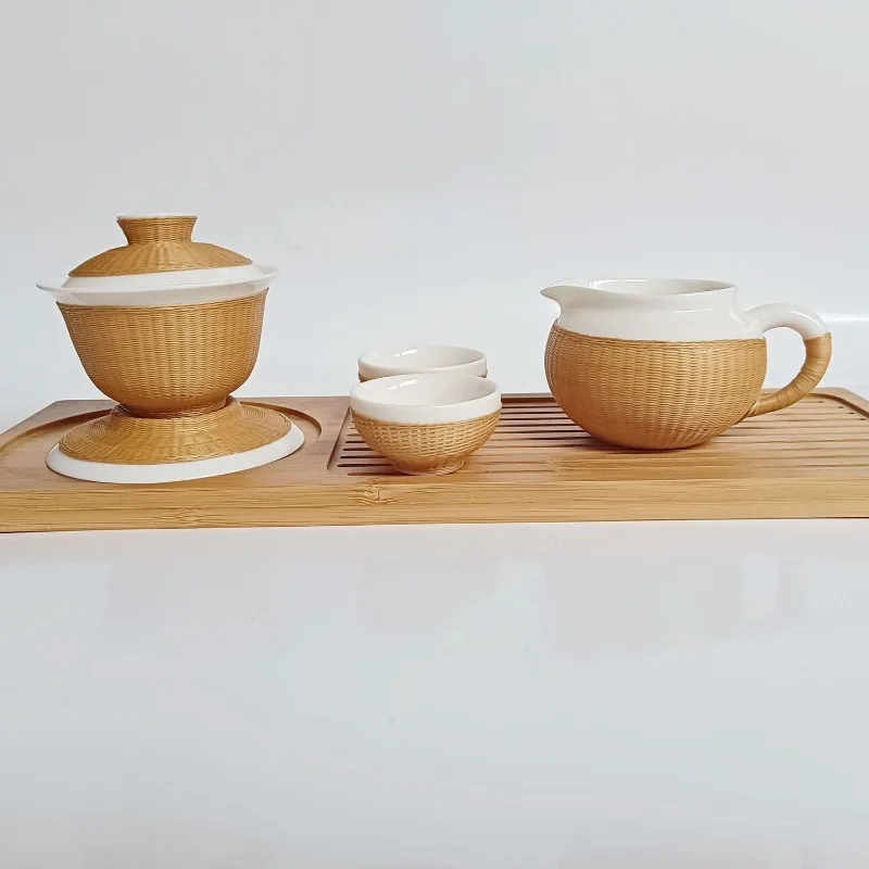 Suet jade porcelain cover bowl purely hand-woven national intangible cultural heritage