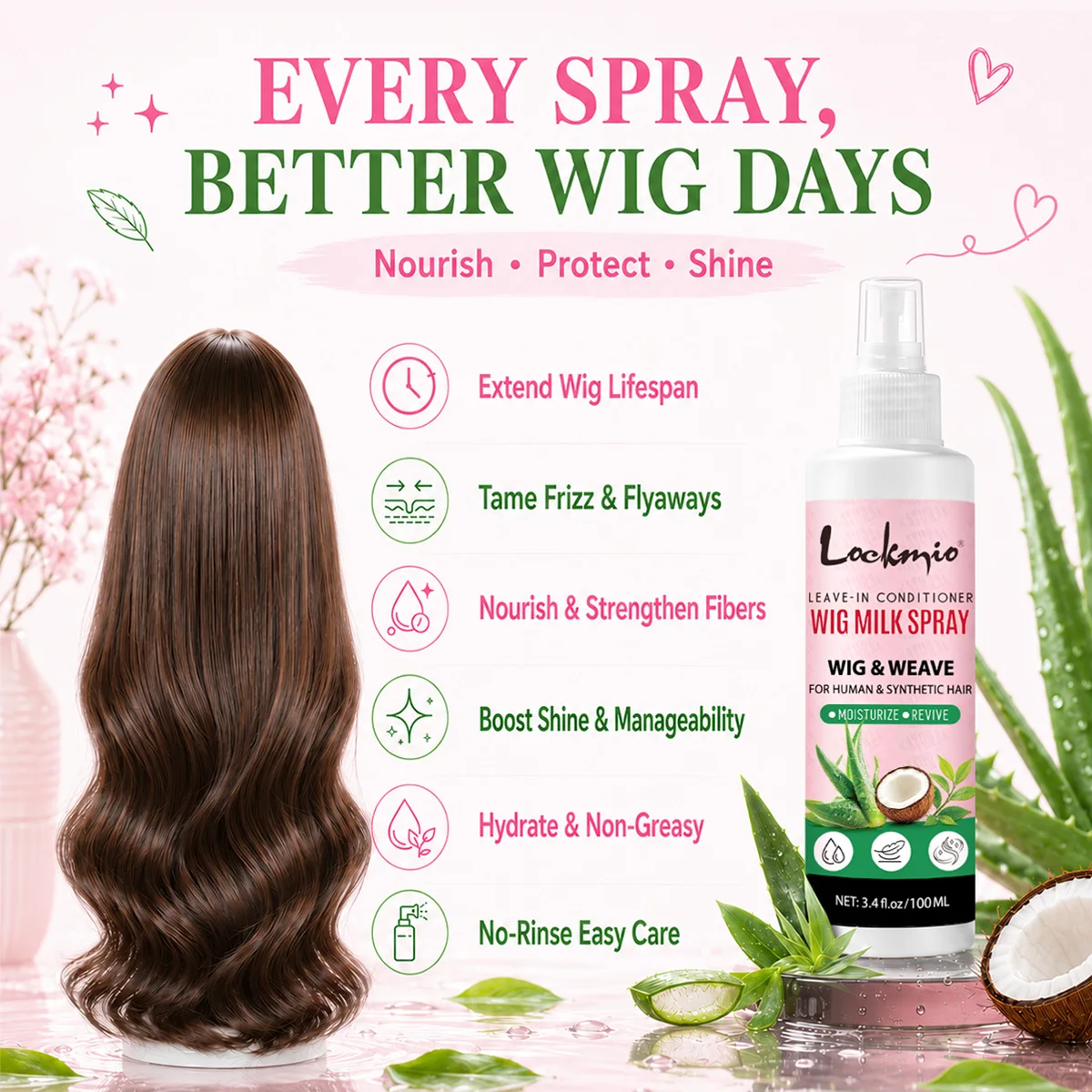 100ml Wig Milk Spray Moisturizing Care Spray for Wig Synthetic Hair Prevent Frizz Leave-in Conditioner for Wigs Smooth and Shine