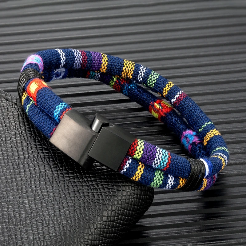 MKENDN Black Stainless Steel Surfer Waterproof Rope Bracelet Men Women Handmade Woven Double-Layer Design Beach Jewelry Gift