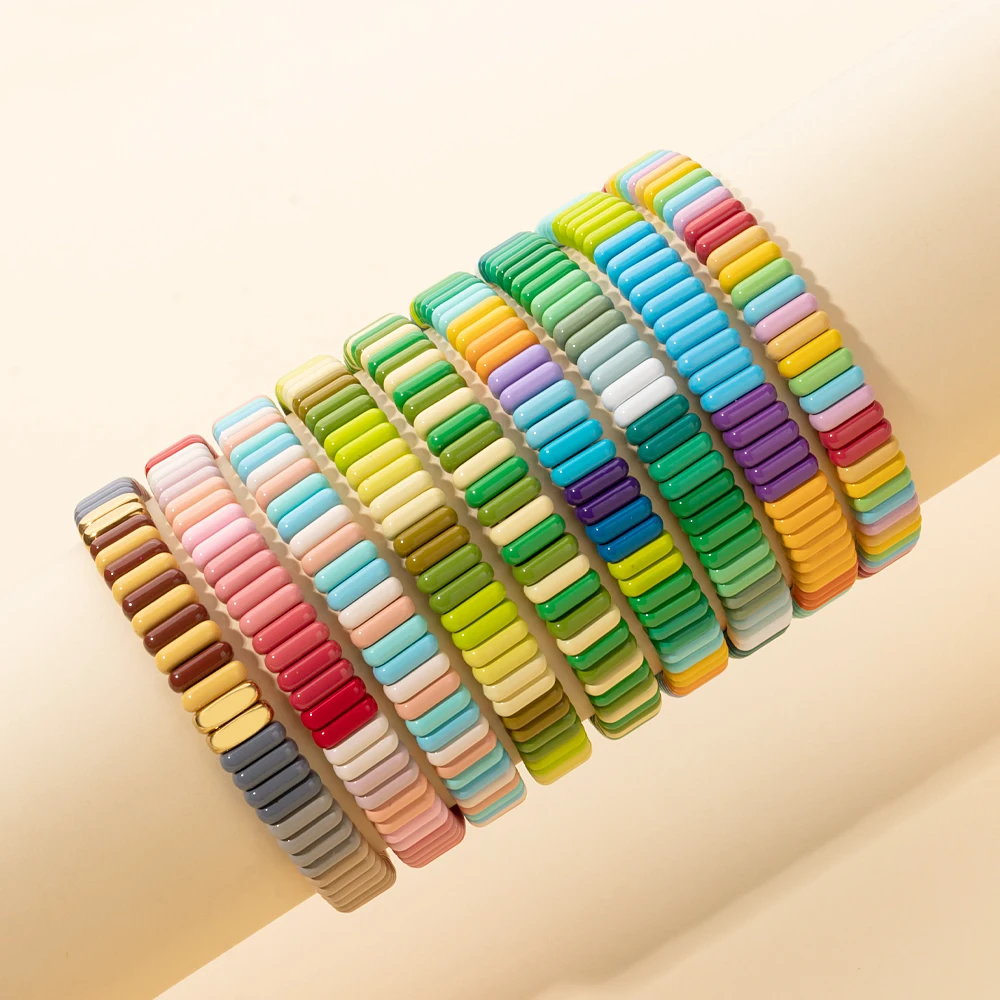 2024 New Design Elatic Rainbow Bracelets For Women 2X8MM Rectangle Beads Bracelets Bohemian Metal Bangle Colorful Jewelry