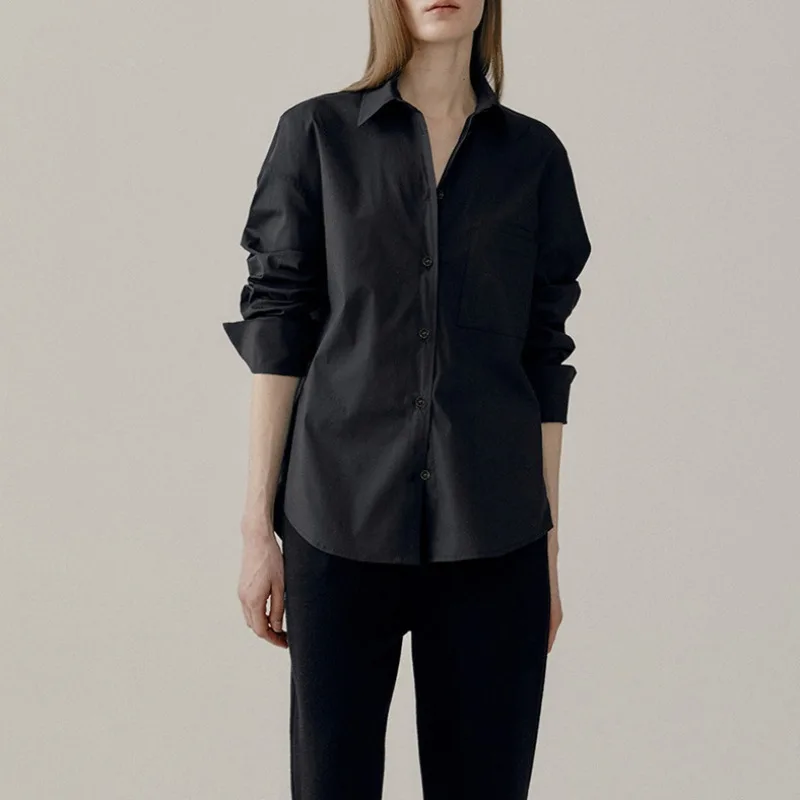 Women's 100% Cotton Long Sleeve Black Shirt Casual Lapel High Quality Office Top with Pockets Buttons Basic Autumn Ladies Shirts