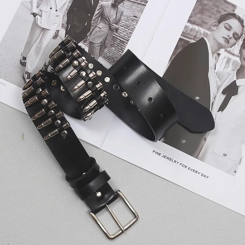 DEAT Fashion Handmade Personalized Bullet Waistband With Top Layer Cowhide Belt Women's Punk Style Needle Buckle Girdle 7AB8112