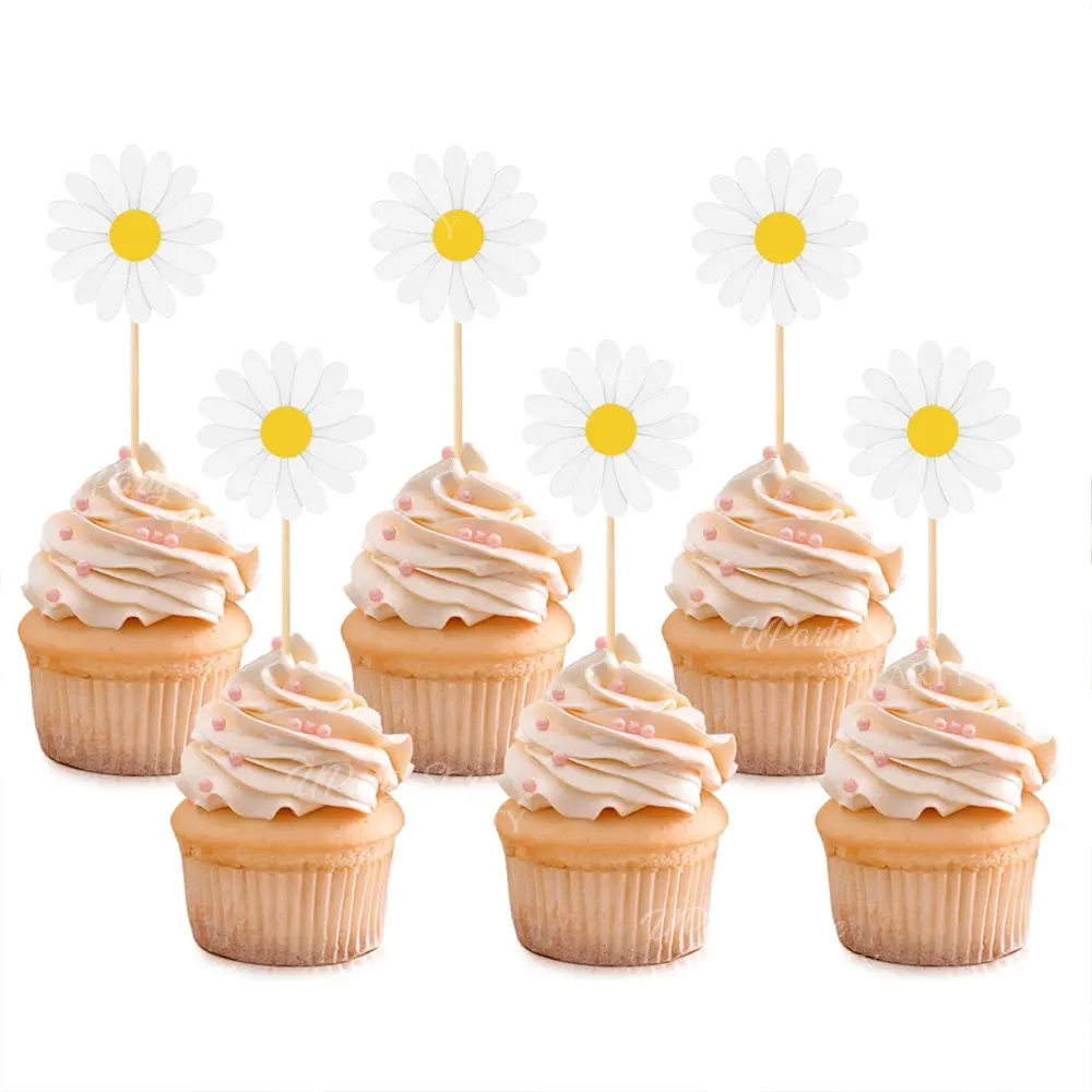 24 Stück Gänseblümchen-Cupcake-Topper, rosa, gelb, weiß, Gänseblümchen-Kuchenaufsätze für Babys in Bloom, Babyparty, Geburtstagskuchen-Dekoration, Gastgeschenk – Detail 7