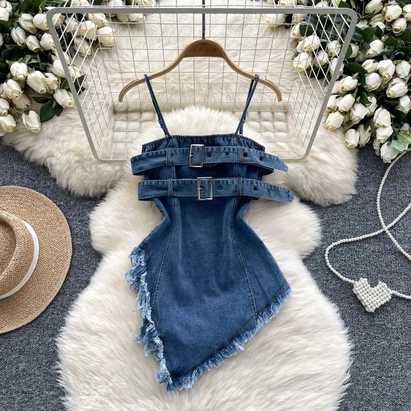 

New Chic Sweet Cow Boy Pleated Asymmetrical Slip Camis Tank Tops Fashion Summer Cow Women Sling Crop Top Fashion New