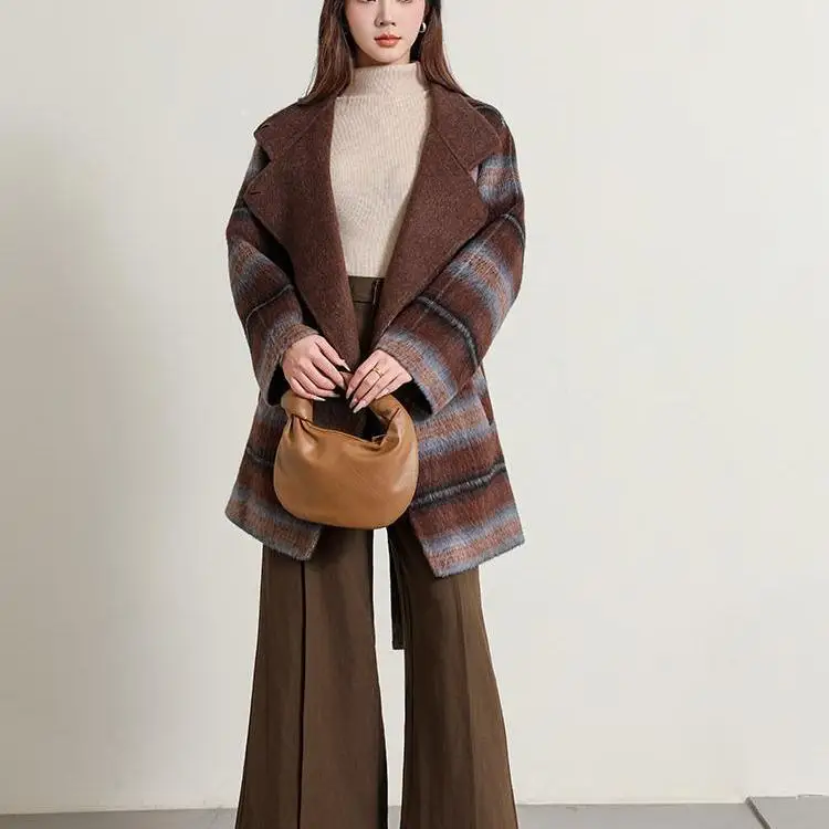 2024 Autumn/Winter Fashion Checkered Double sided Cashmere Coat for Women, Medium to Long, High end, Yak Fleece Coat