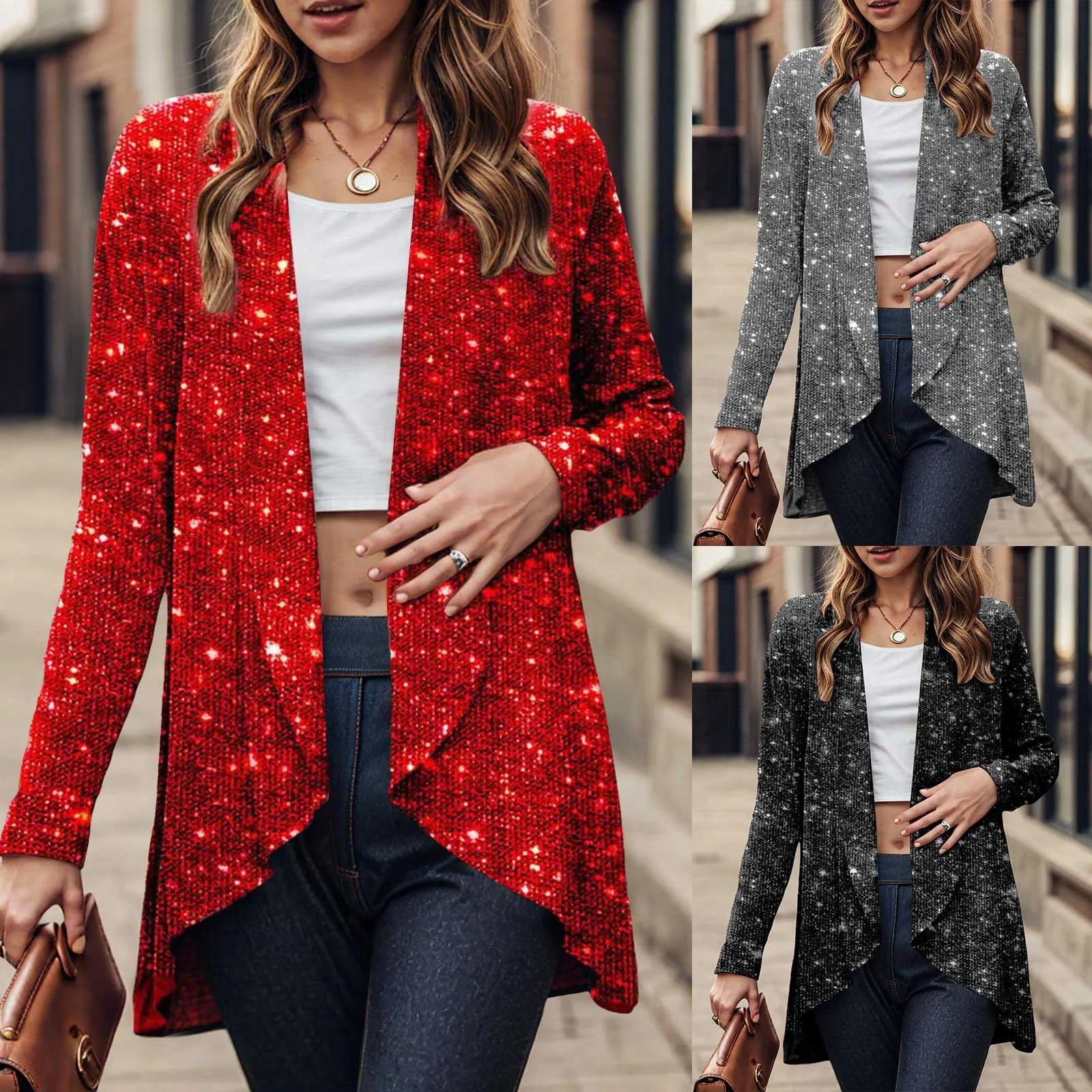 Printemps nouvelles femmes ouvert devant paillettes revers à manches longues vestes élégant carnaval fête à la mode paillettes Cardigan femme manteau Blazer