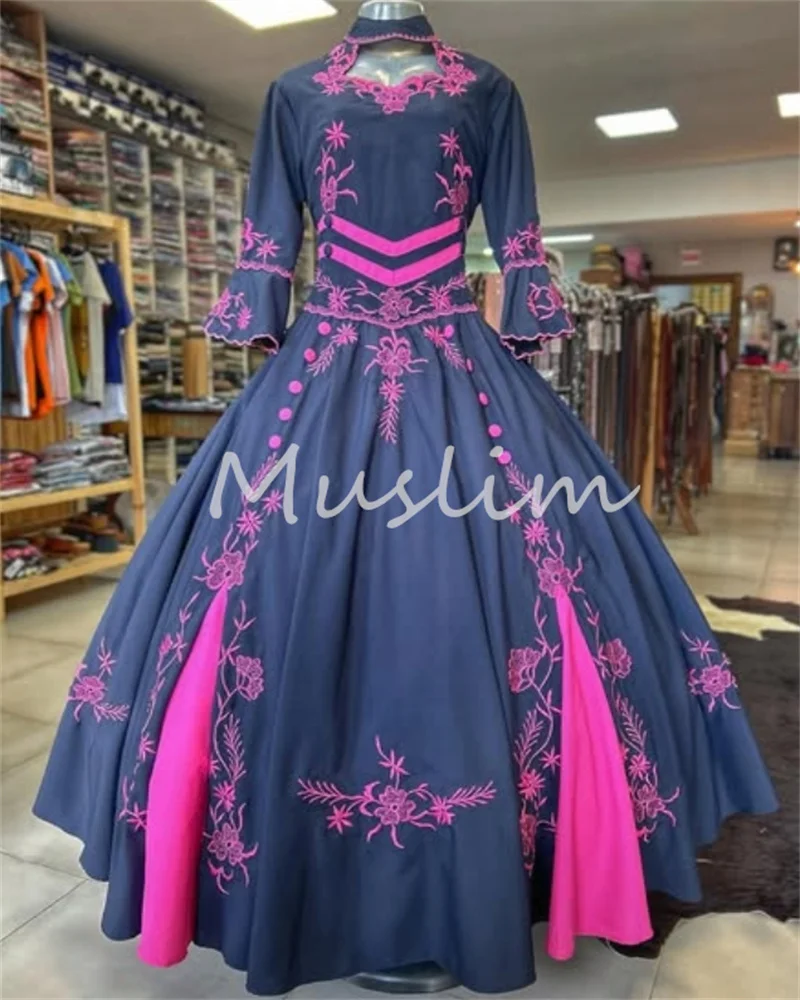 Unique Navy And Hot Pink Evening Dress Victorian Gothic Steampunk Prom Dress Embroidery Charro Carnival Flamenco Gown Customized