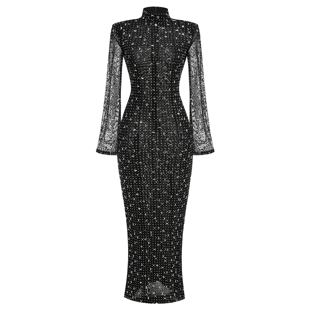 Sexy Black Mesh Zware Industrie Hot Drill Bodycon Maxi Jurken Luxe Diamanten Celebrity Avondjurk Party Runway Lange Jurken