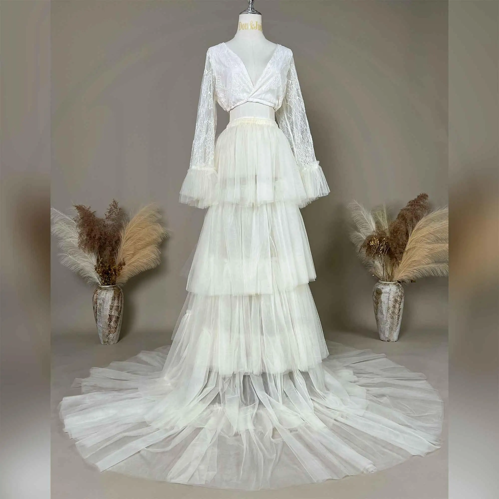 

Don&Judy Boho Maternity Photo Shoot Dress Tulle Long Sleeve V-neck Two-piece Set Pregnancy Dress For Baby Shower Dress