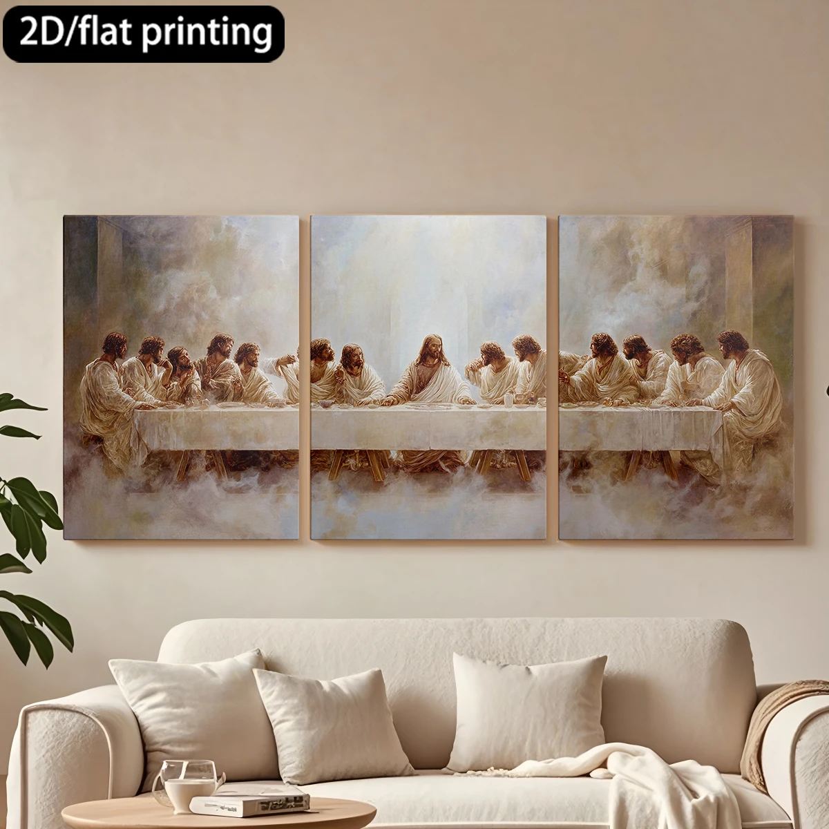 

2D плоская печать, 3-х частная декоративная картина на холсте в деревянной раме «Тайная вечеря», религиозная картина. Декор для коридора и спальни.