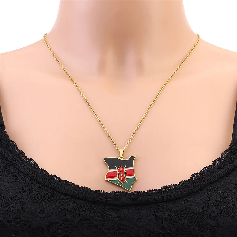 European and American Stainless Steel Kenya Drop Oil Map Pendant Necklace