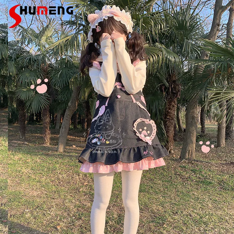 

Original Japanese Style Cute Soft Girl Embroidered Denim Suspender Dresses Ruffled Spliced Sweet Kawaii Dress Women 2026 Spring