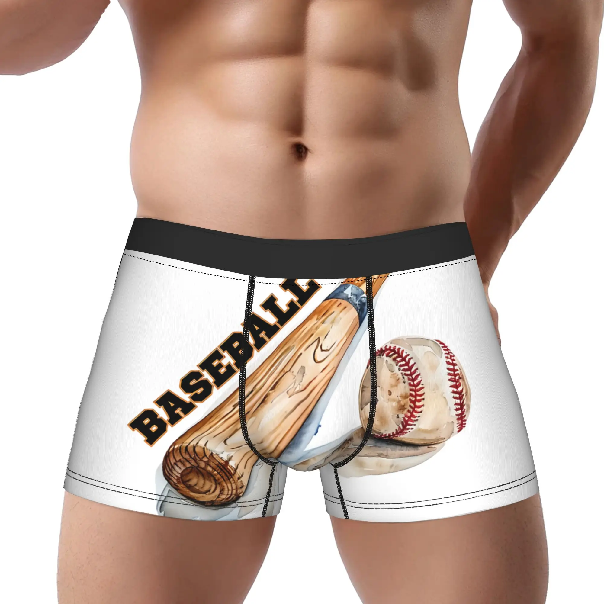 

Акварельная иллюстрация бейсбольной биты и мяча. Трусы-боксеры для мужчин, удобные шорты.