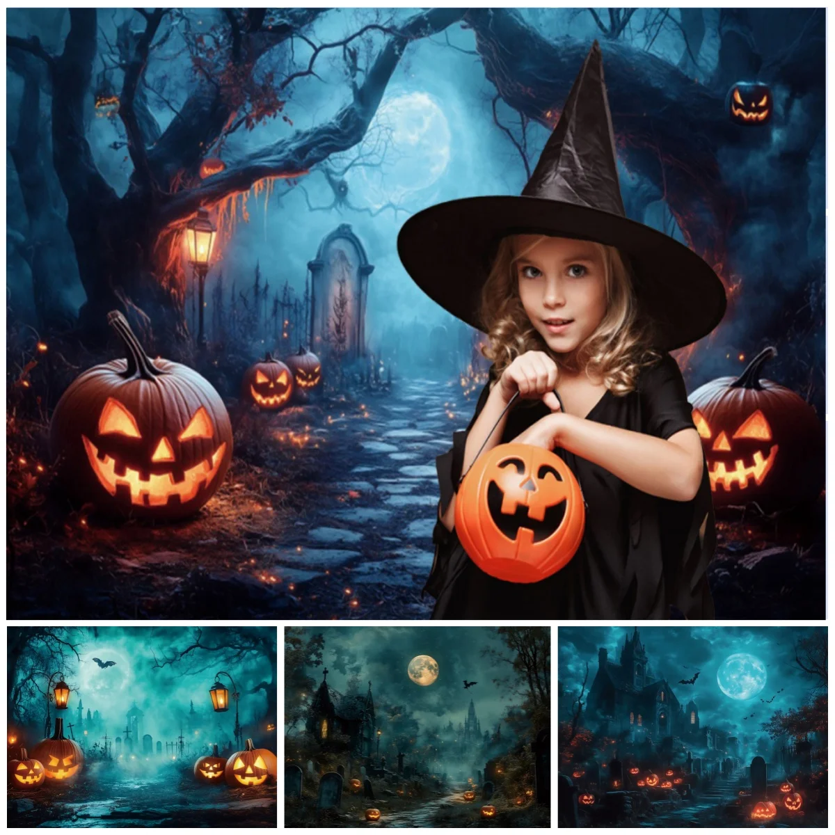 

Halloween Decorations Backgrounds For Photographs Castle Graveyard Misty Skeletons Horror Pumpkin Lantern Halloween Backdrop
