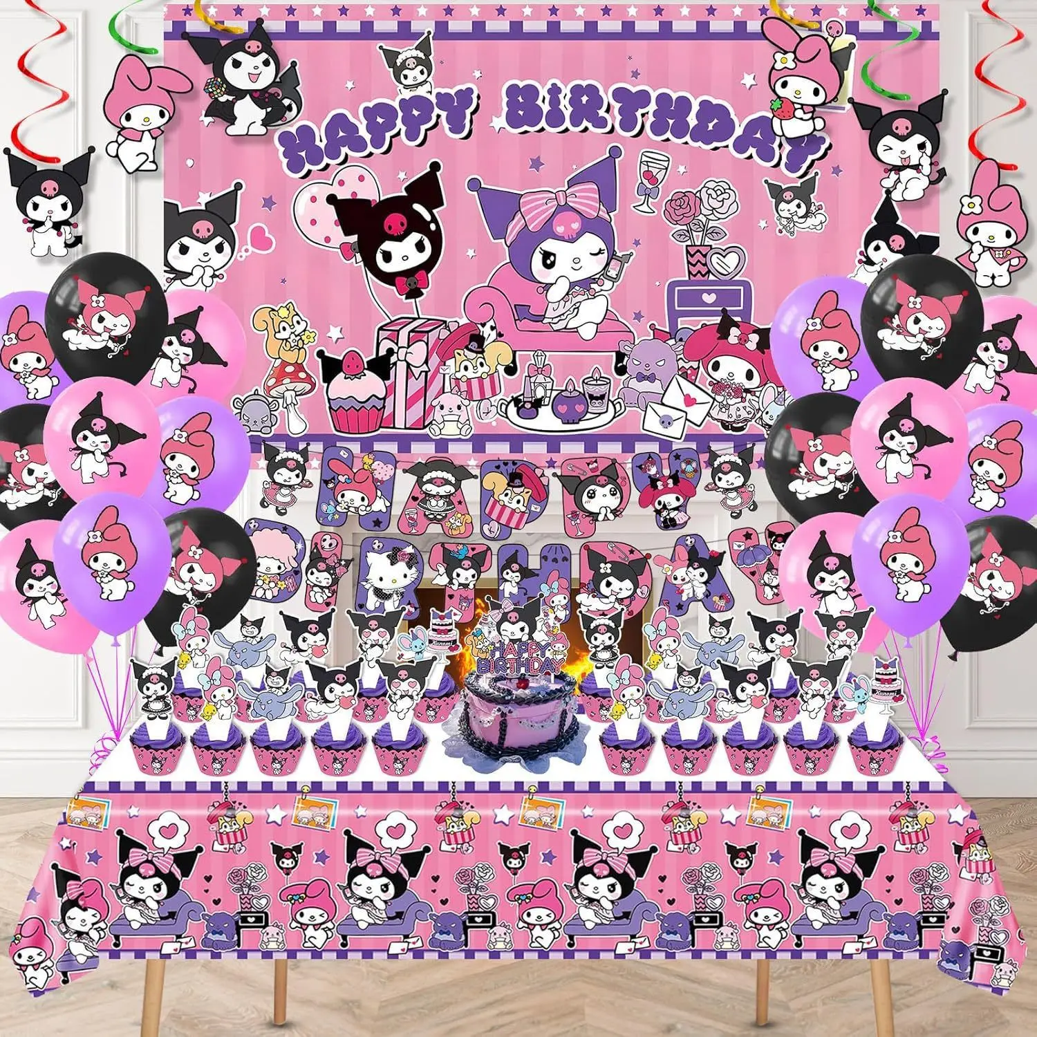 

Kuromi Themed Birthday Party Decorations Set - Paper Plates, Napkins, Tablecloth, Cups & Banner, Cute Cartoon Party Supplies
