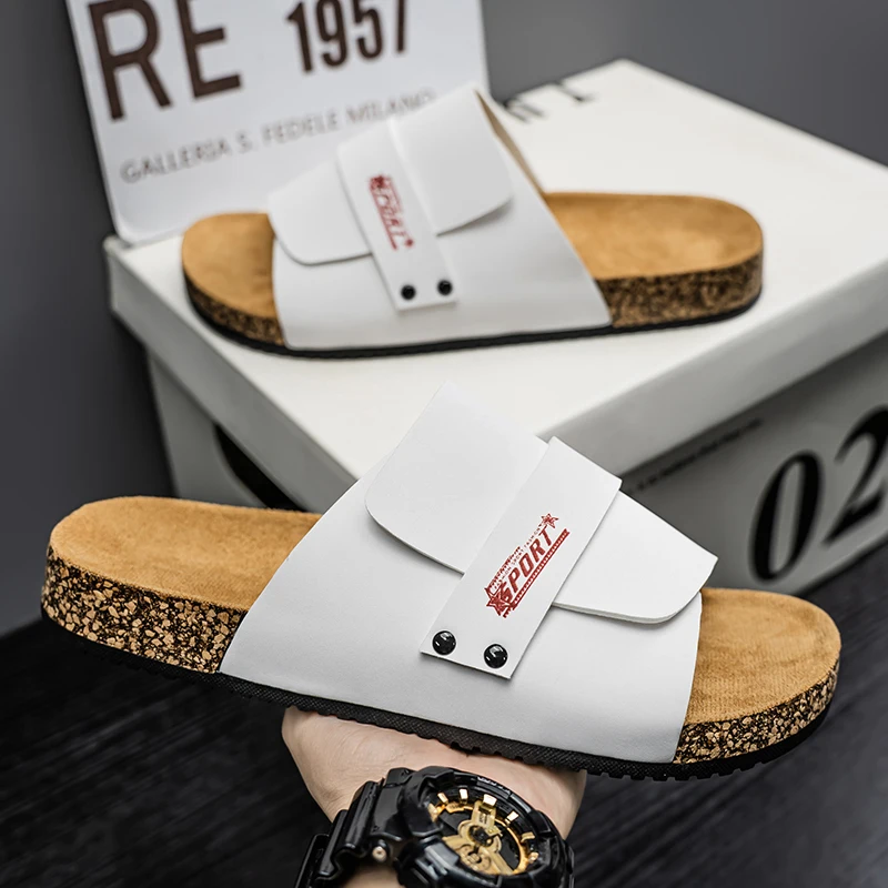 

Classic White Cork Slippers Men Fashion Slides Luxury Summer Womens Flat Slippers Outdoor Mules Sandals Men sandalias hombre