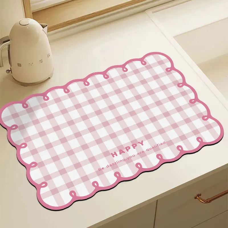 VIKAMA purple gingham wavy scallop dot dish drying mat absorbent kitchen drainer pad non slip quick dry washable