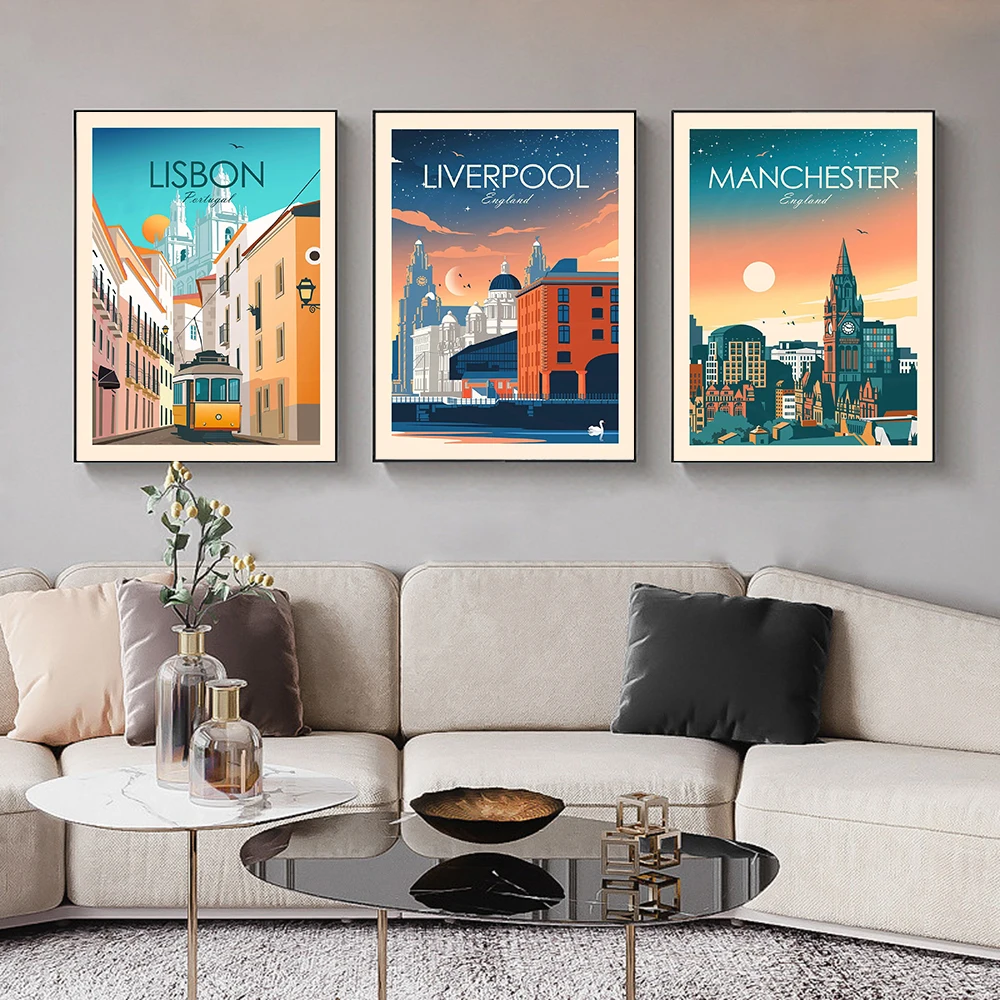 

Lisbon Portugal City Travel Print Modern Wall Art Liverpool City Gift Manchester Canvas Painting Poster England Print Home Decor