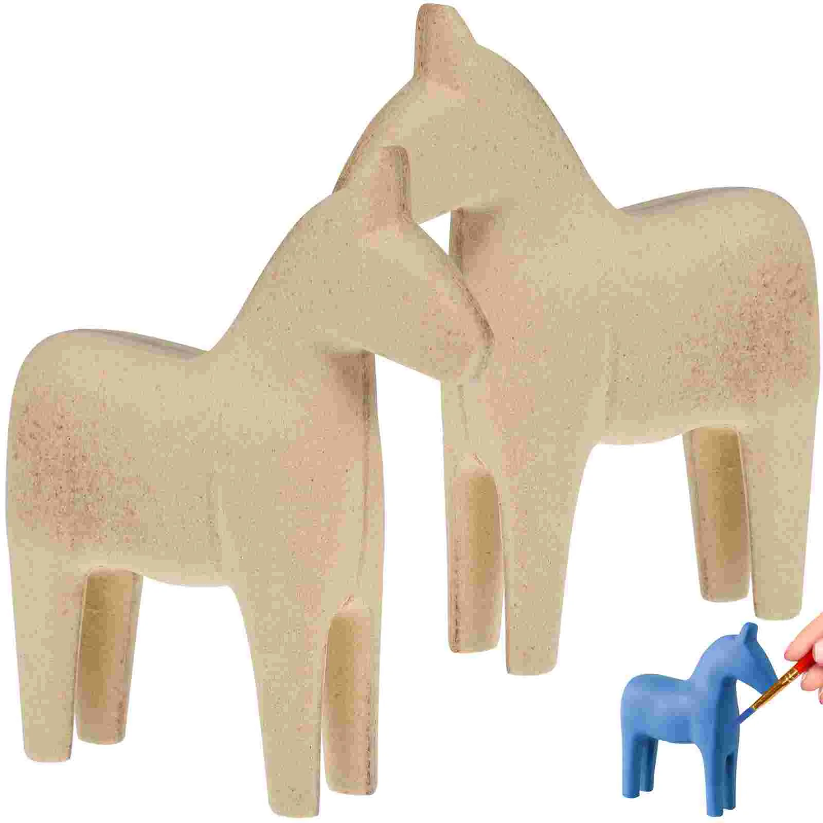 

2 Pcs Collection Horse Statue Child The Animal Sculpture Wooden Decor Miniature DIY