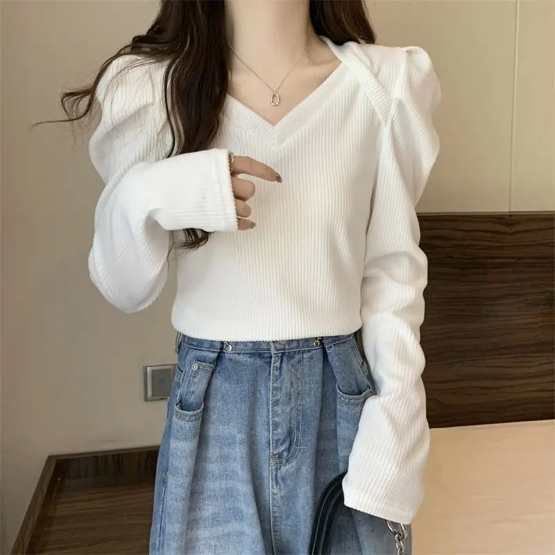 V Neck Pleated Korean T Shirt Tops Spring Autumn New Long Sleeve Solid All-match Fashion Pullovers Casual Sweet Women Clothing