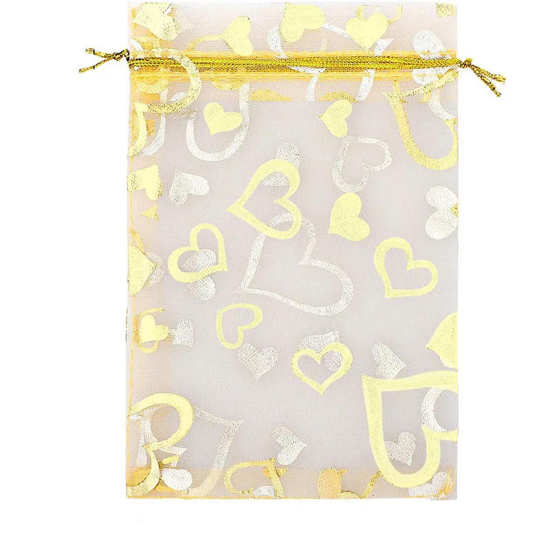 

100pcs/lot 20*30cm/7.9*11.8 inch Big Size Drawstring Organza Bags Stamping Gold Heart Wedding Christmas Gift Packaging Pouches