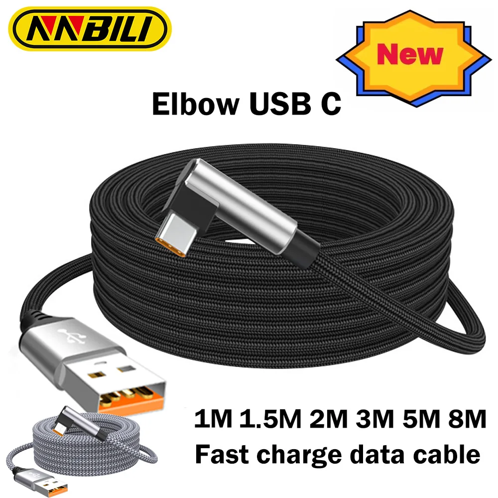 NNBILI 6A USBC Elbow Type C Fast Charge Cable 3m 5m Phone Extend Charging Cable for Samsung Huawei Xiaomi Oppo OnePlus VR Camera