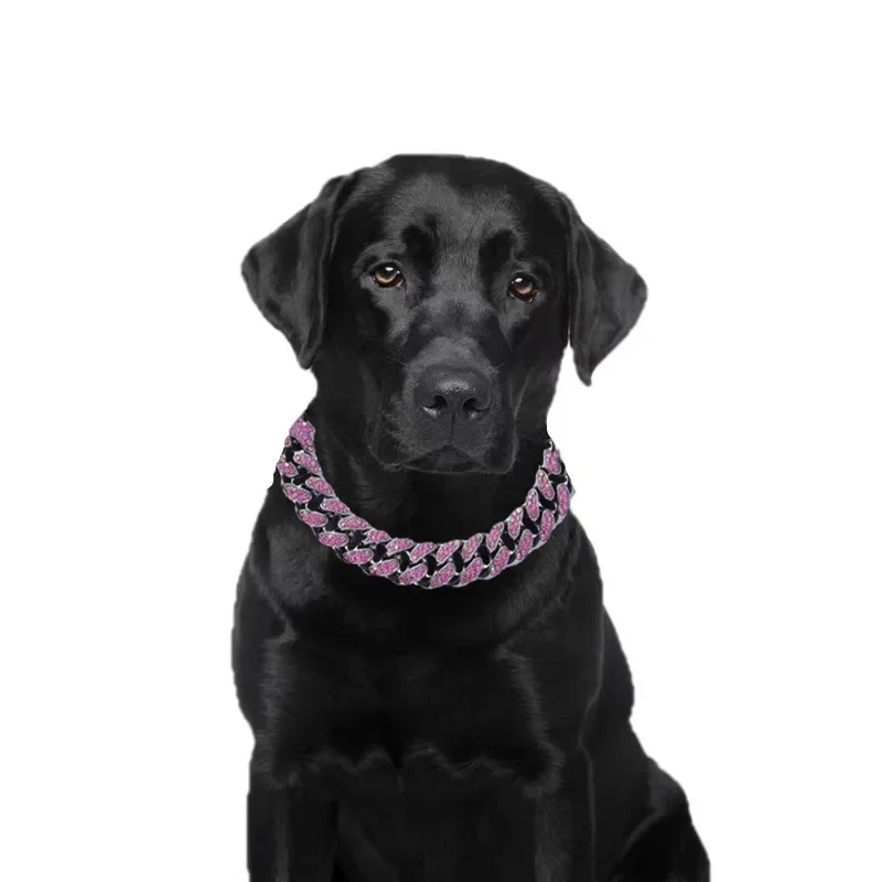 12mm Purple Lab Diamond Dog Cuban Chain Collar Secure Buckle Sparkle Bulldog Necklace Cat Collars Pet Jewelry Accessories