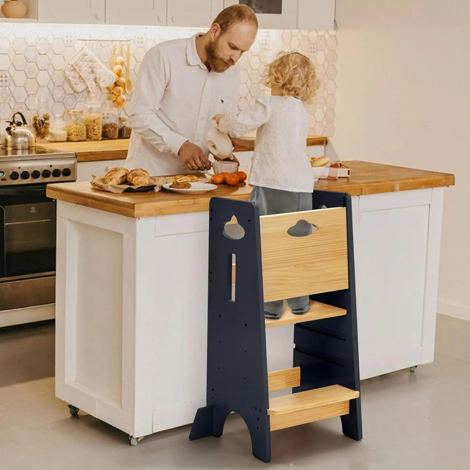 Standing Tower Adjustable Height - Super Stable Toddler Kitchen Stool Helper - 3 Levels Adjustable Wooden Toddler Kitchen Stool