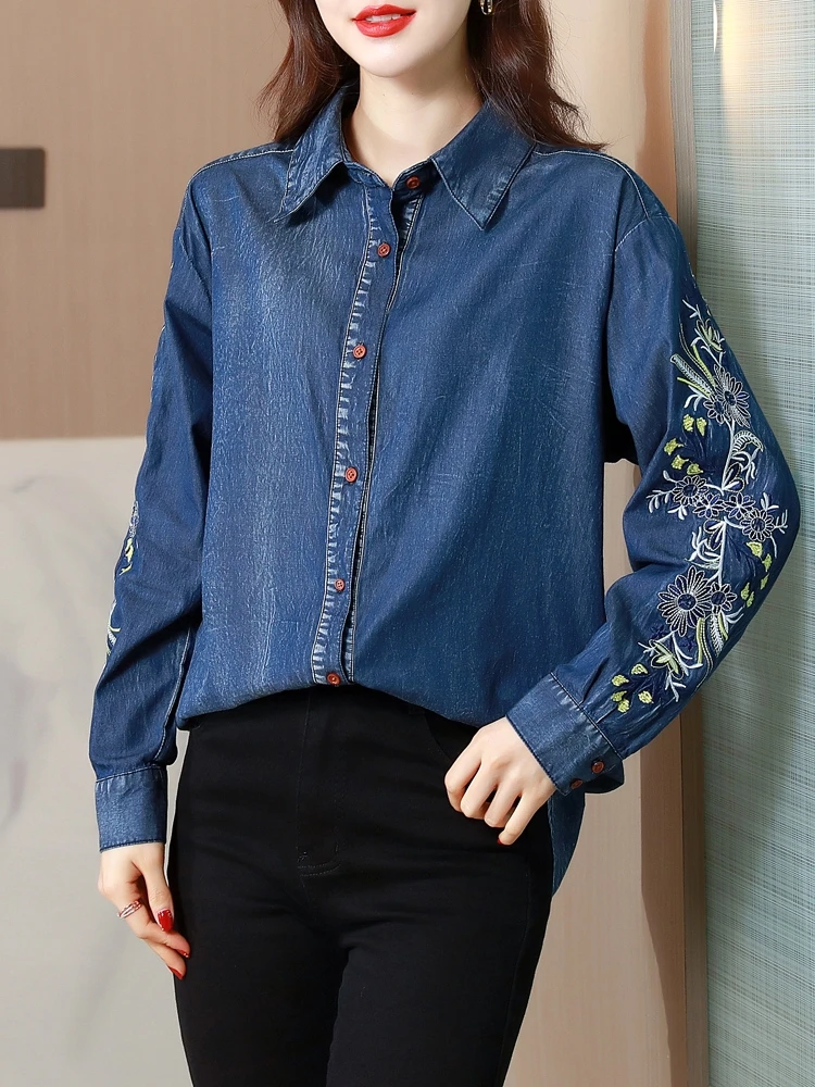 

TIYIHAILEY Free Shipping 2022 New Fashion Cotton Denim Shirts Women Full Sleeve Blouses Topsd Vintage Embroidery Single Breasted