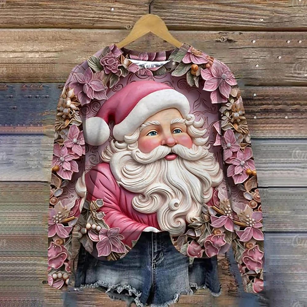 3d Santa Claus Print Hoodies For Women Christmaso-Neck Swearshirts Fashion Female Clothing Oversize Long Sleeve Sweatshirt