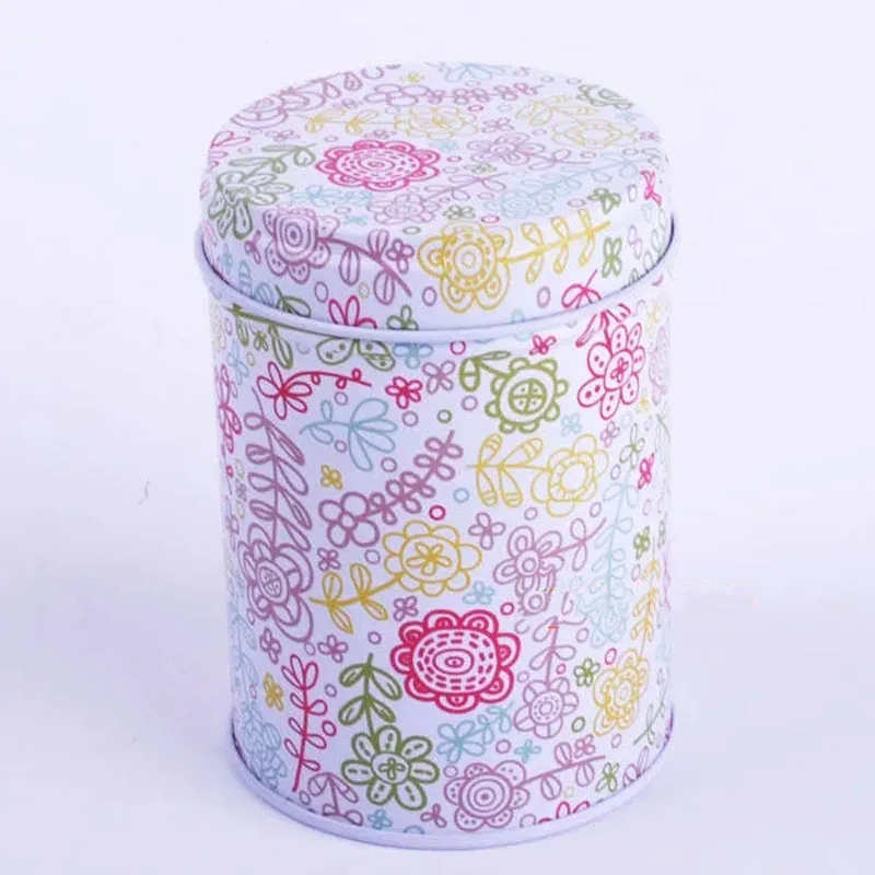 2 Pcs/Lot Flower Pattern Double Cover Tinplate Sealed Tea Box Cylindrical Small Item Storage Box Home Dust-proof Iron Box