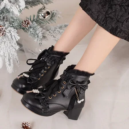 Sweet Bowtie Ruffled Lace-up Chunky Heels Women\'s Ankle Boots Lolita Girls Shoes JK-Uniform Japanese Ladies Party Wedding Pumps