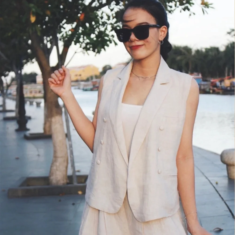 Vest For Women's Notched Lapel Double Breasted Linen Beige Cardigan New Style Casual Vacation Sleeveless Jacket Vests