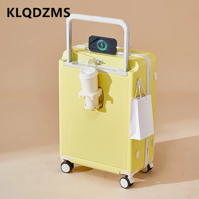 KLQDZMS 20 Inch Luggage with Wheels ABS+PC Boarding Case 24" USB Charging Trolley Case with Cup Holder Rolling Travel Suitcase