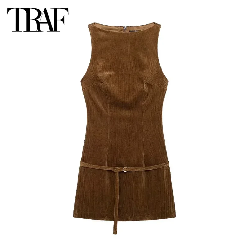 

TRAF Women 2024 Women's Dress Corduroy Short Dresses Elegant Brown Sleeveless Belt Mini Dresses Ladies Fashion Casual Dresses