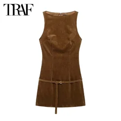 TRAF Women 2024 Women's Dress Corduroy Short Dresses Elegant Brown Sleeveless Belt Mini Dresses Ladies Fashion Casual Dresses