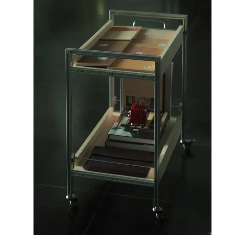Birch ocean plate aluminum profile trolley movable double shelf log storage shelf bookshelf