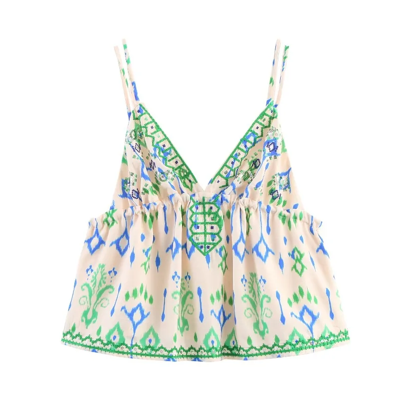 

TRAFZR Cami Top Streetwear Embroidery Women's Sleeveless Vintage Clothes Halter Boho Chic Y2k Gary Backless Tops for Woman Vest