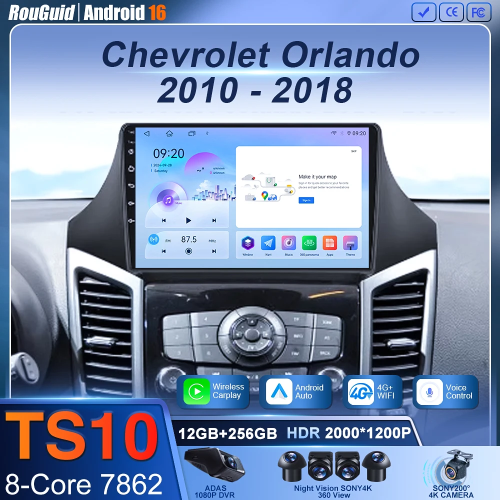 8 Core For Chevrolet Orlando 2010 - 2018 Wireless CarPlay Android 16 Car Radio QLED Screen WIFI 4G DSP Stereo GPS Navi 4G Tools