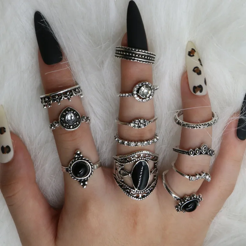 30 teil/los Großhandel Fabrik Vintage Shell Geschnitzte Blatt Finger Ringe Für Frauen Schwarz Emaille Große Blume Stern Mond Party Schmuck geschenk – Detail 13